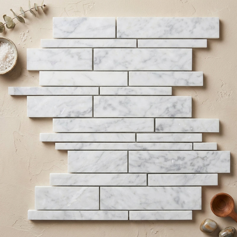 Carrara White (Italian) Marble Polished Manhattan Mosaic Manhattan (Random-Strip) Mosaic