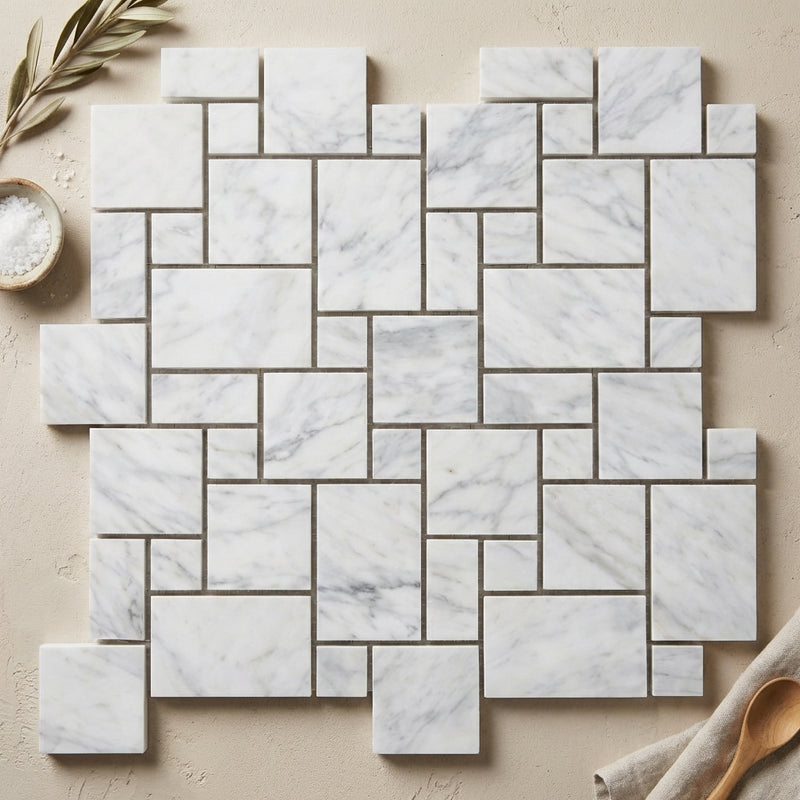 Carrara White (Italian) Marble Polished Mosaic Mini-Versailles Pattern