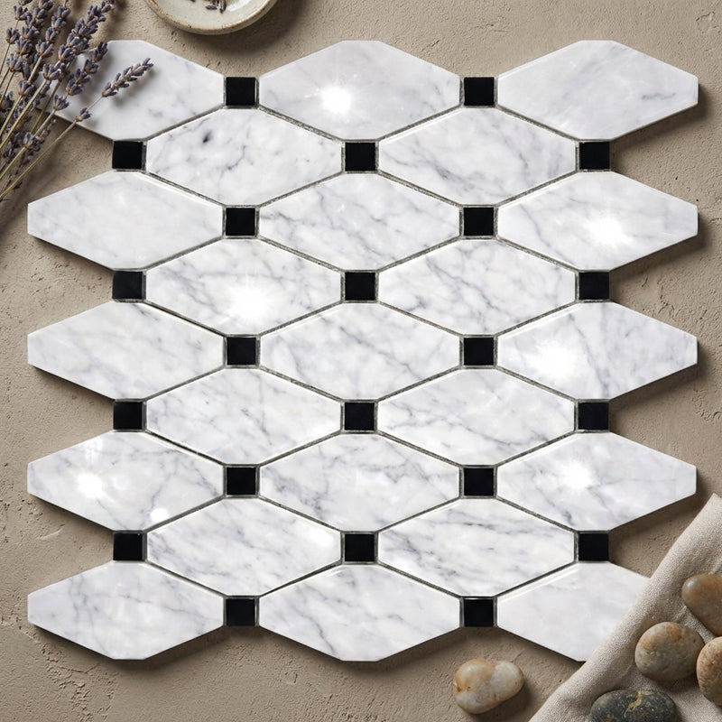 Carrara White (Italian) Marble Polished Octagon Mosaic (w/ Black)