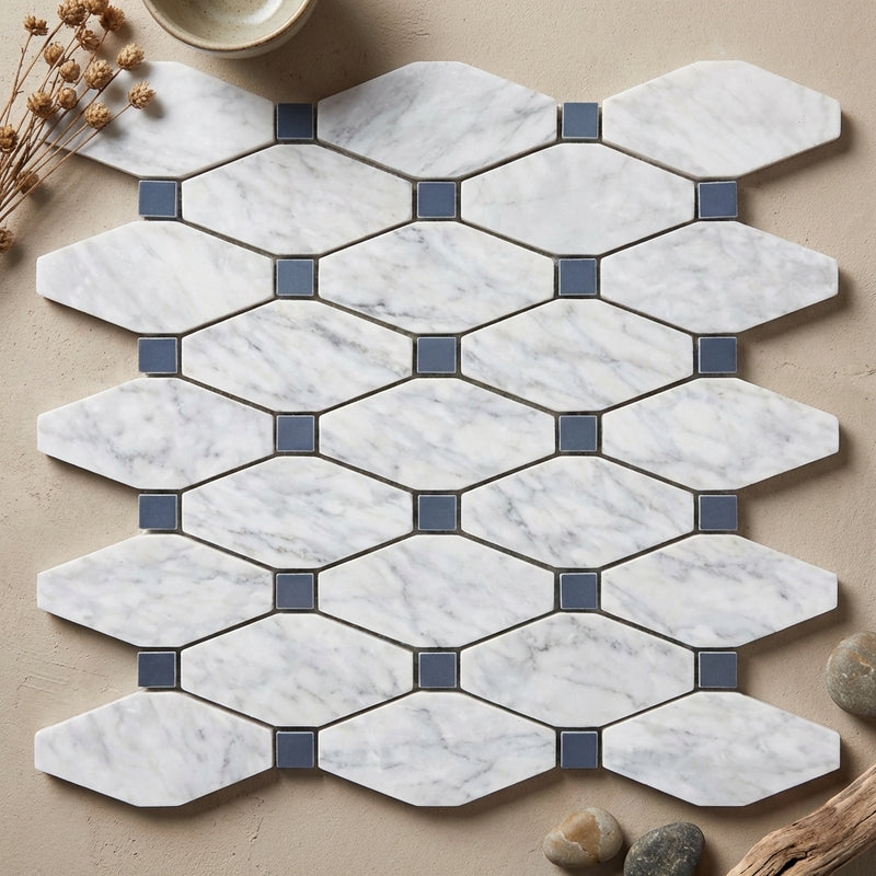 Carrara White (Italian) Marble Polished Octagon Mosaic (w/ Blue-Gray)