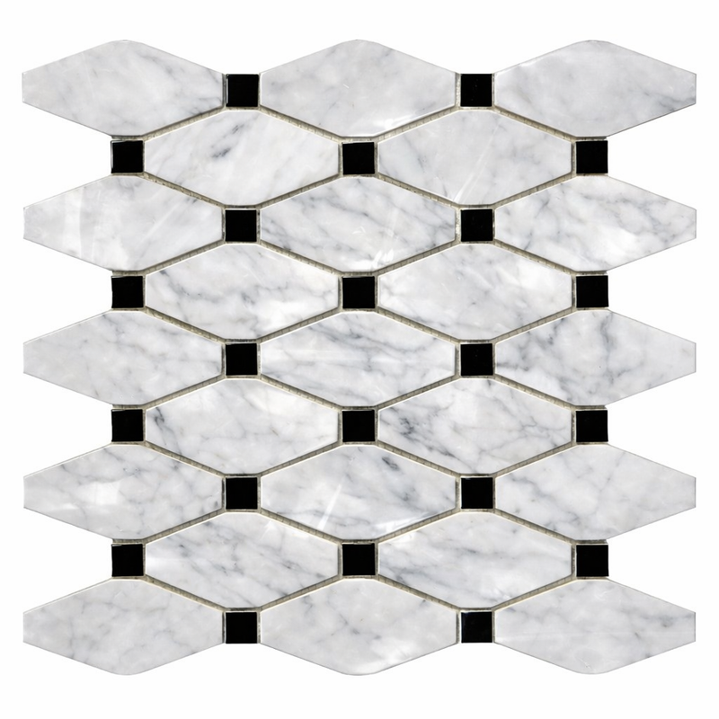 Carrara White (Italian) Marble Polished Octave Mosaic Octave (Long Octagon) Mosaic (w/ Black)