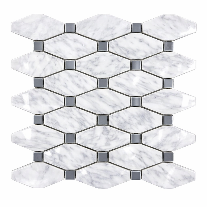 Carrara White (Italian) Marble Polished Octave Mosaic Octave (Long Octagon) Mosaic (w/ Blue-Gray)