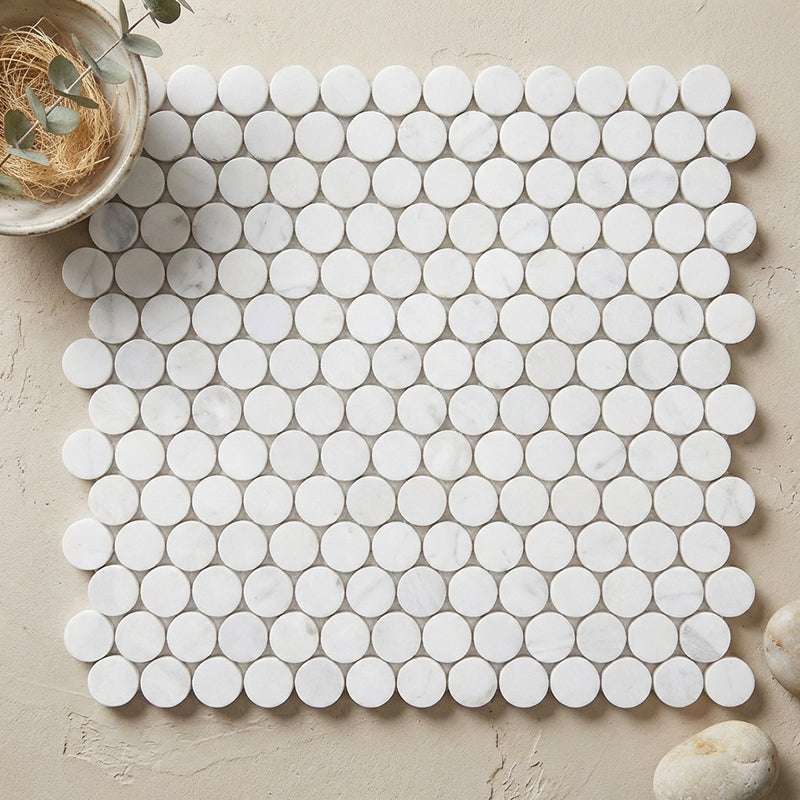 Carrara White (Italian) Marble Polished Penny-Round Mosaic (Single Color: Carrara)