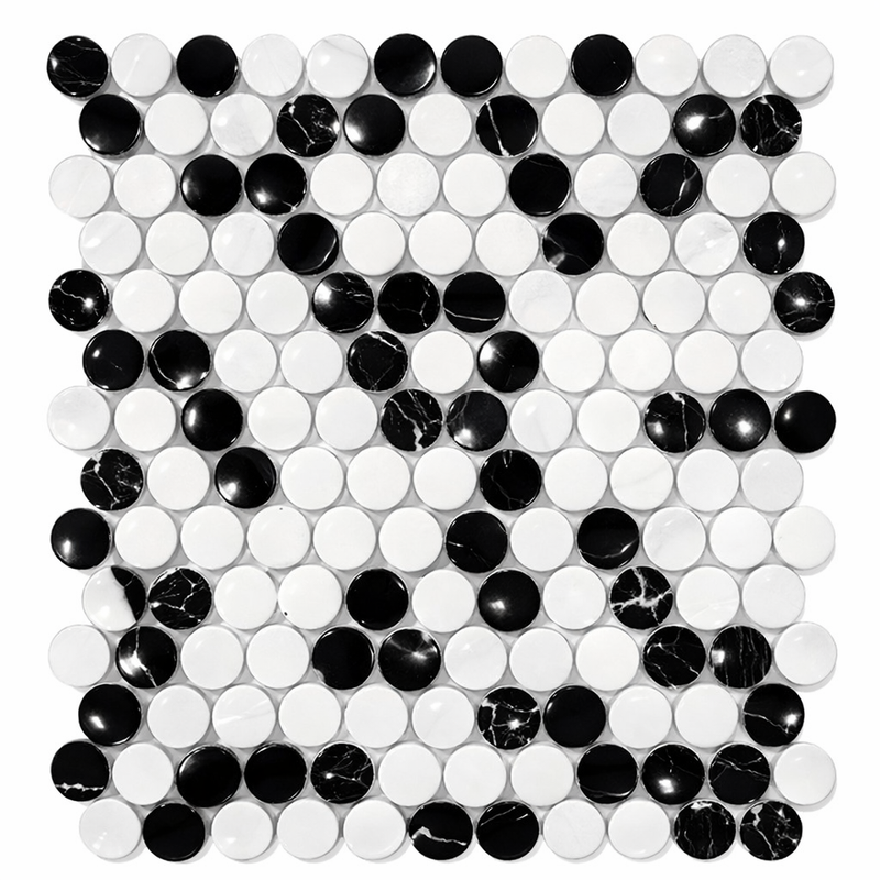 Carrara White (Italian) Marble Polished Penny-Round Mosaic (Carrara + Thassos + Black)