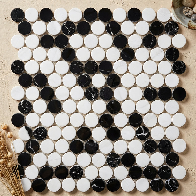 Carrara White (Italian) Marble Polished Penny-Round Mosaic (Carrara + Thassos + Black)