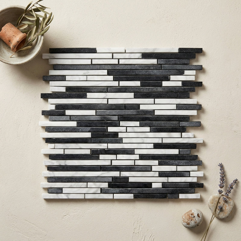 Carrara White (Italian) Marble Polished Bamboo Sticks Mosaic Bamboo Sticks (Thassos + Carrara + Ming Green) Mosaic