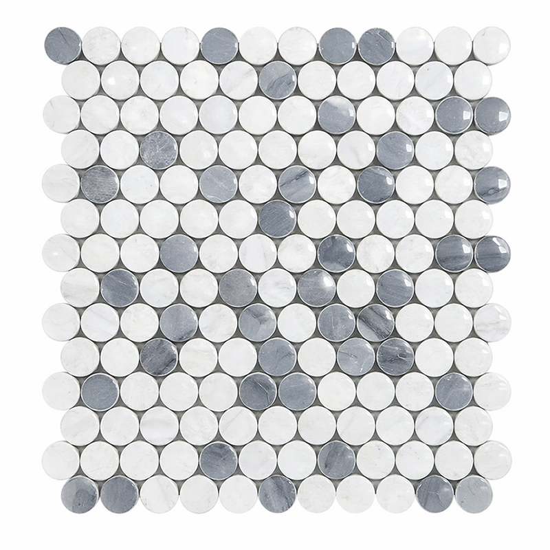 Carrara White (Italian) Marble Polished Penny-Round Mosaic (Carrara + Thassos + Blue)