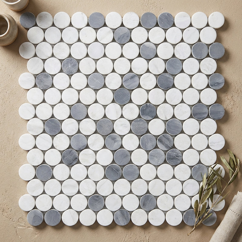 Carrara White (Italian) Marble Polished Penny-Round Mosaic (Carrara + Thassos + Blue)