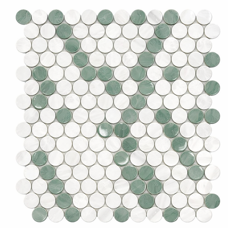 Carrara White (Italian) Marble Polished Penny-Round Mosaic (Carrara + Thassos + Ming Green)