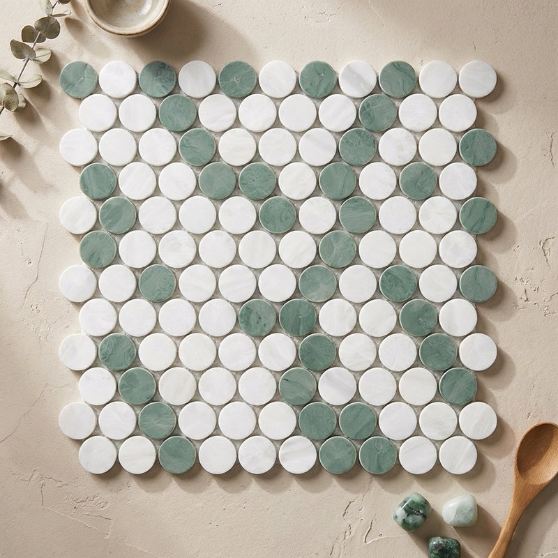 Carrara White (Italian) Marble Polished Penny-Round Mosaic (Carrara + Thassos + Ming Green)