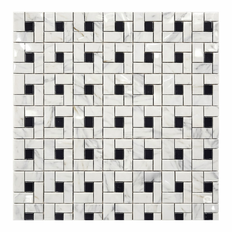 Carrara White (Italian) Marble Polished Pinwheel Mosaic (w/ Black)