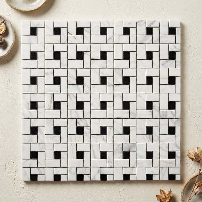 Carrara White (Italian) Marble Polished Pinwheel Mosaic (w/ Black)