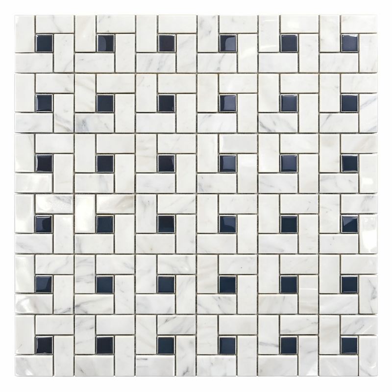Carrara White (Italian) Marble Polished Pinwheel Mosaic (w/ Blue-Gray)