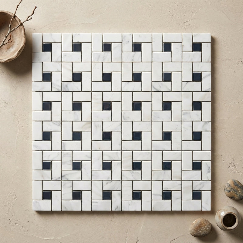 Carrara White (Italian) Marble Polished Pinwheel Mosaic (w/ Blue-Gray)