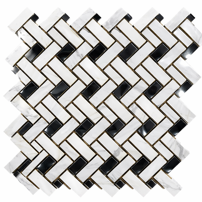 Carrara White (Italian) Marble Polished Stanza Mosaic (w/ Black)