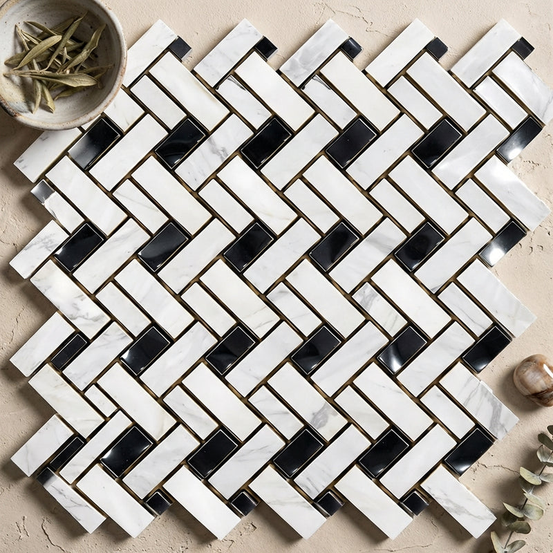 Carrara White (Italian) Marble Polished Stanza Mosaic (w/ Black)