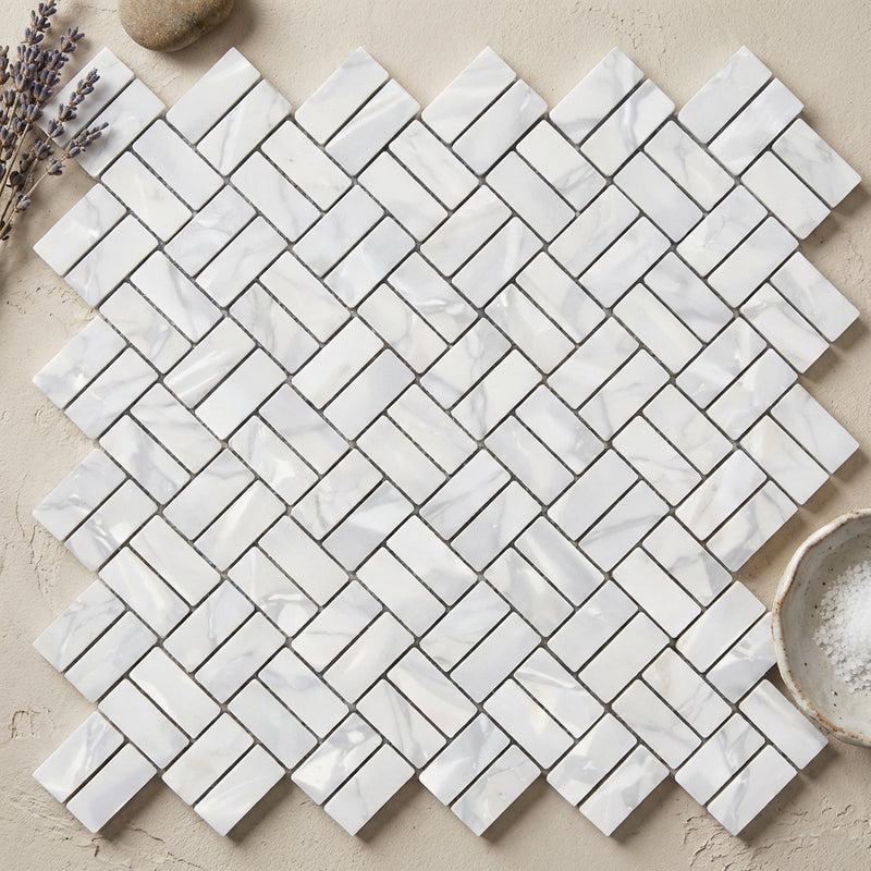 Carrara White (Italian) Marble Polished Stanza Mosaic (w/ Black / Blue-Gray)
