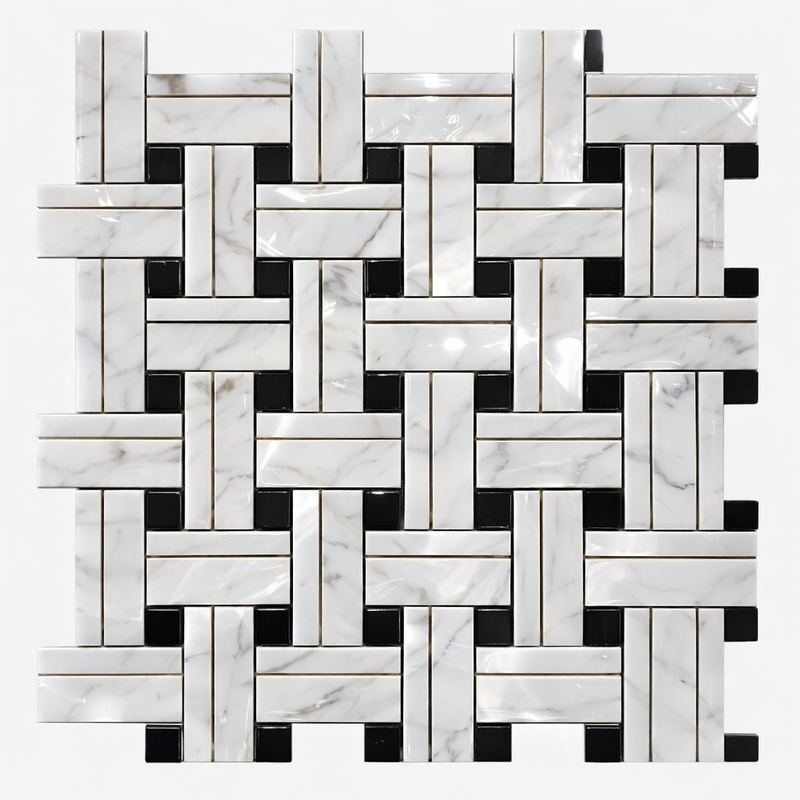 Carrara White (Italian) Marble Polished Mosaic Triple-Weave (w/ Black)