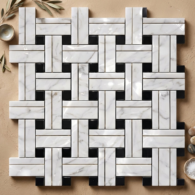 Carrara White (Italian) Marble Polished Mosaic Triple-Weave (w/ Black)