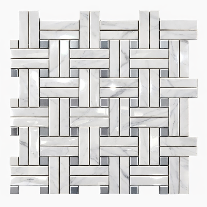 Carrara White (Italian) Marble Polished Mosaic Triple-Weave (w/ Blue-Gray)