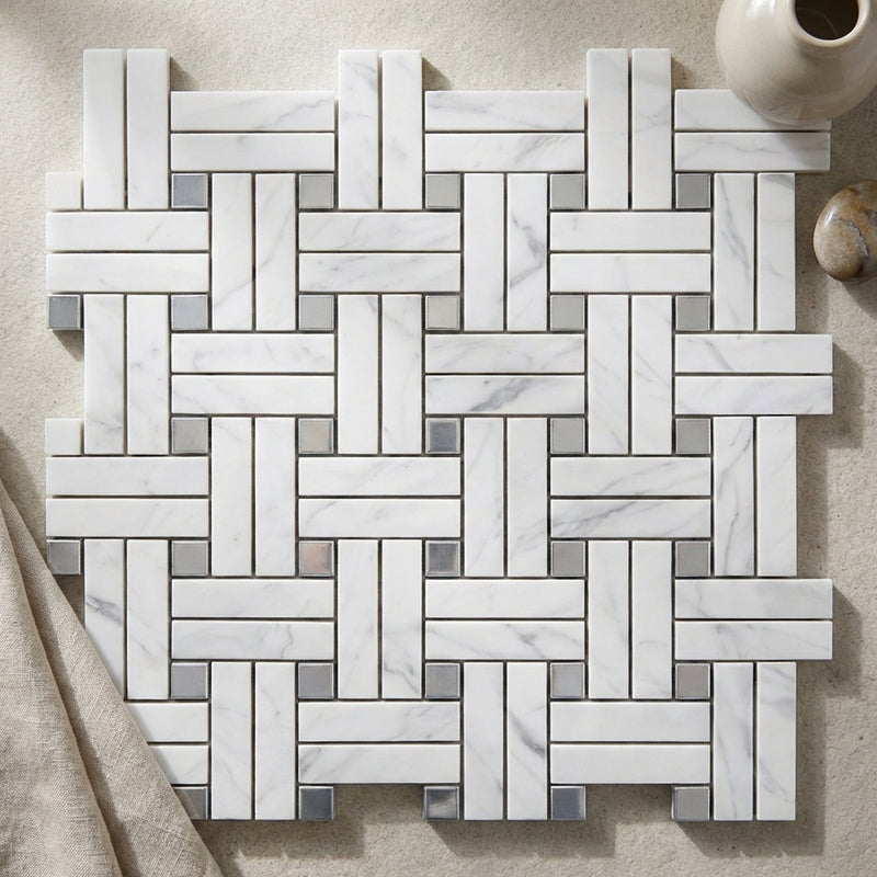 Carrara White (Italian) Marble Polished Mosaic Triple-Weave (w/ Blue-Gray)