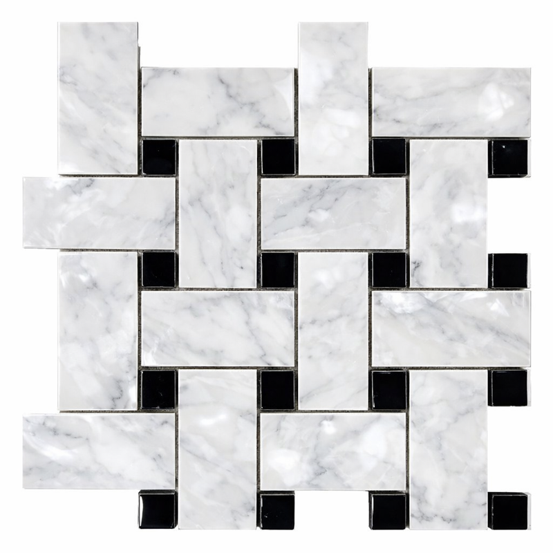 Carrara White (Italian) Marble Polished Basketweave Mosaic (w/ Black)