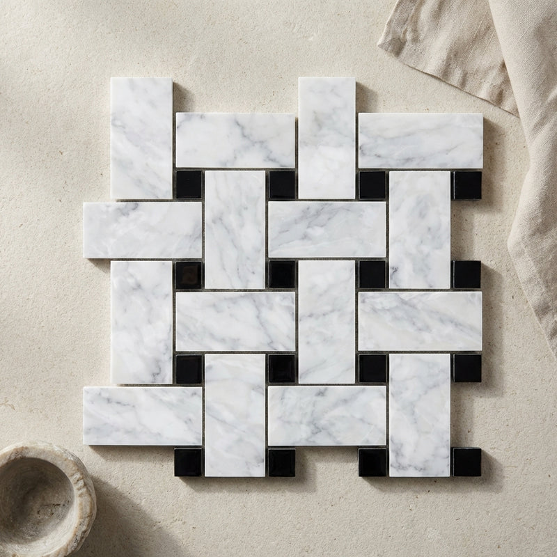 Carrara White (Italian) Marble Polished Basketweave Mosaic (w/ Black)