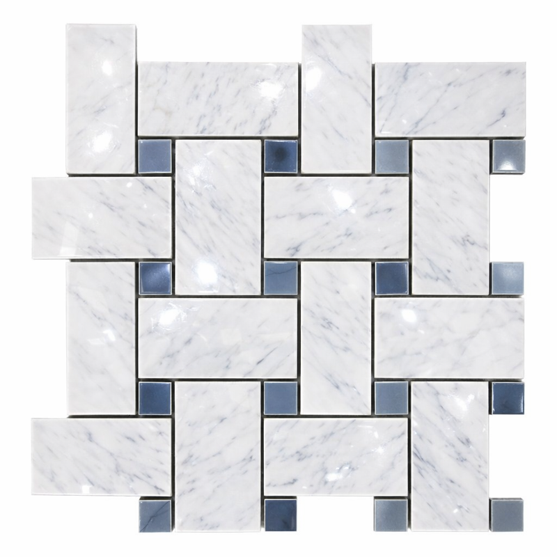 Carrara White (Italian) Marble Polished Basketweave Mosaic (w/ Blue-Gray)