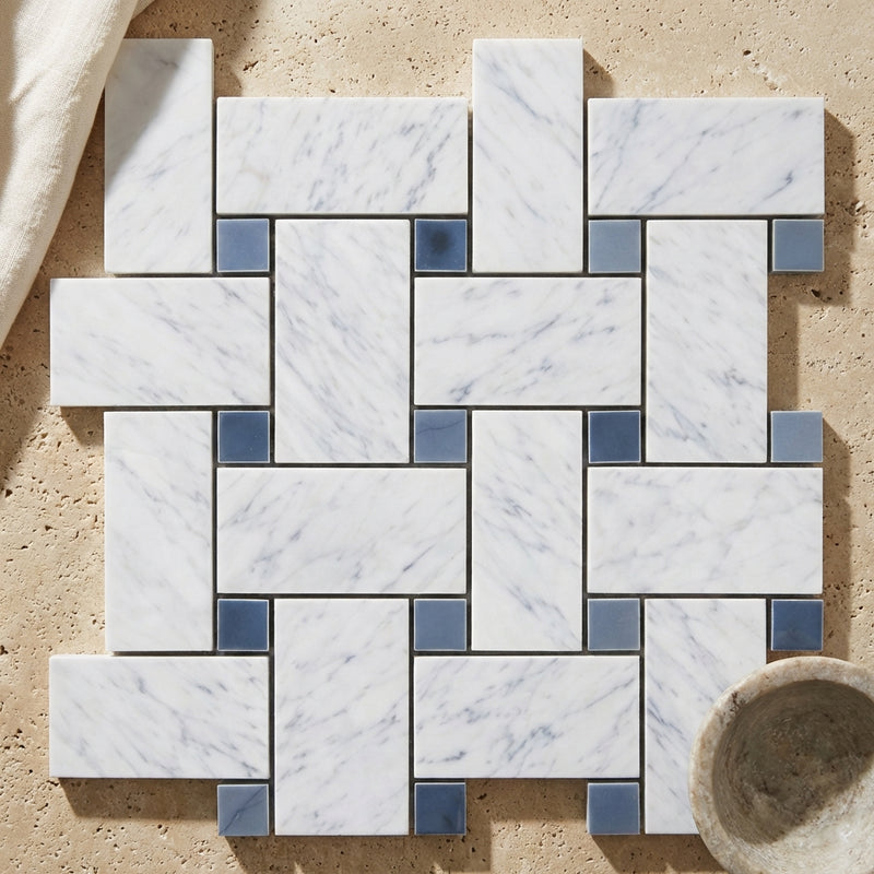 Carrara White (Italian) Marble Polished Basketweave Mosaic (w/ Blue-Gray)