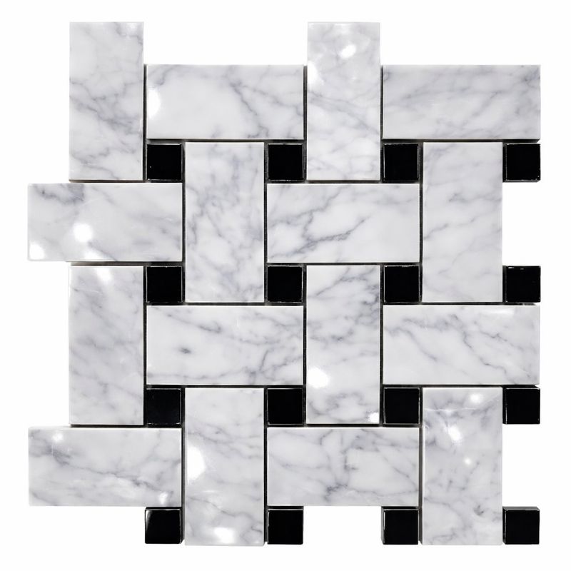 Carrara White (Italian) Marble Polished Basketweave Mosaic (w/ Black) - (LARGE)