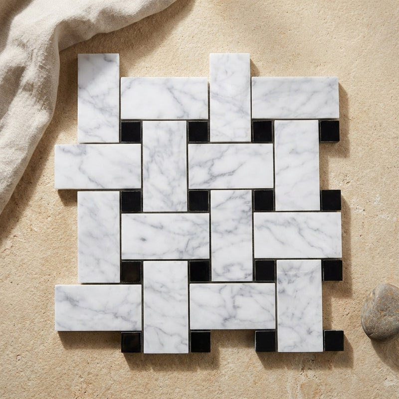 Carrara White (Italian) Marble Polished Basketweave Mosaic (w/ Black) - (LARGE)