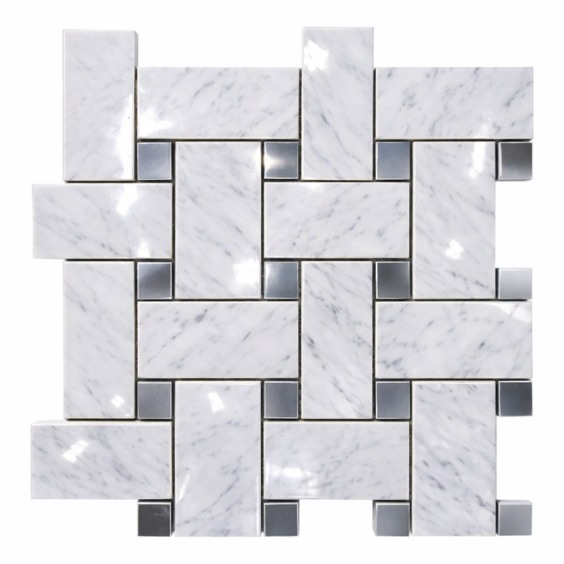 Carrara White (Italian) Marble Polished Basketweave Mosaic (w/ Blue-Gray) - (LARGE)