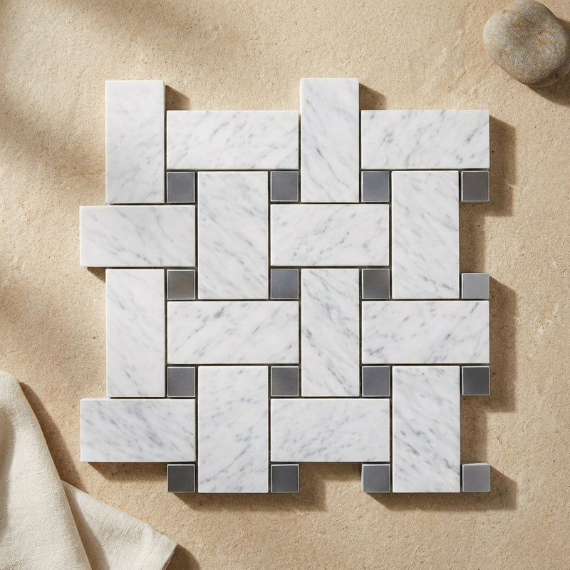 Carrara White (Italian) Marble Polished Basketweave Mosaic (w/ Blue-Gray) - (LARGE)