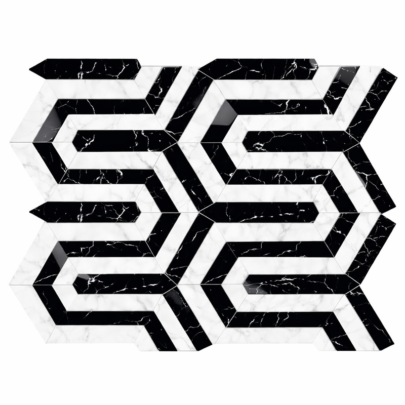 Carrara White (Italian) Marble Polished Mosaic Berlinetta Design (w/ Black)