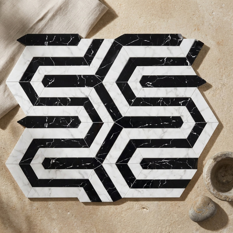 Carrara White (Italian) Marble Polished Mosaic Berlinetta Design (w/ Black)