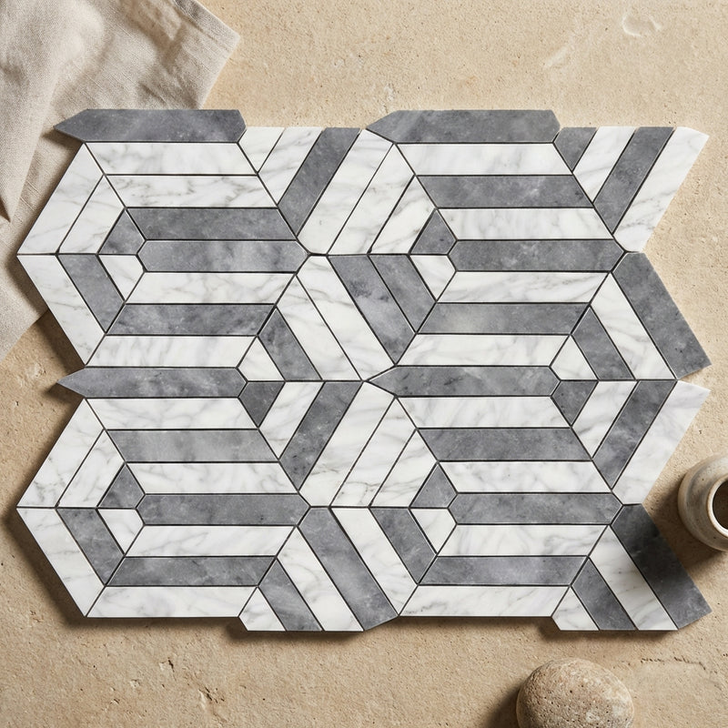 Carrara White (Italian) Marble Polished Mosaic Berlinetta Design (w/ Blue-Gray)