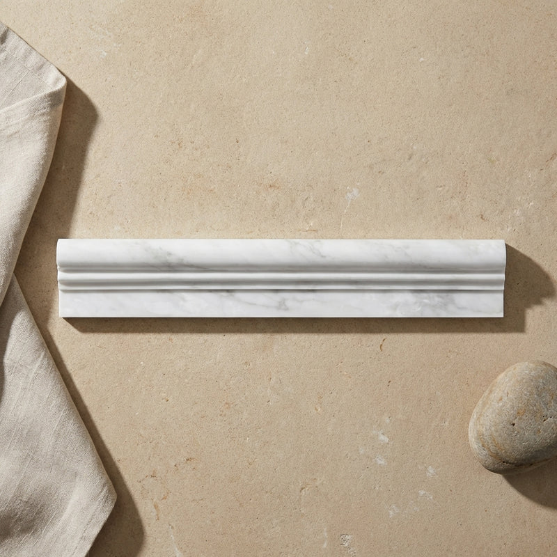Oriental White (Asian Statuary) Marble 2x12 Polished Tile OG-1 (Single-step Chair Rail Trim)