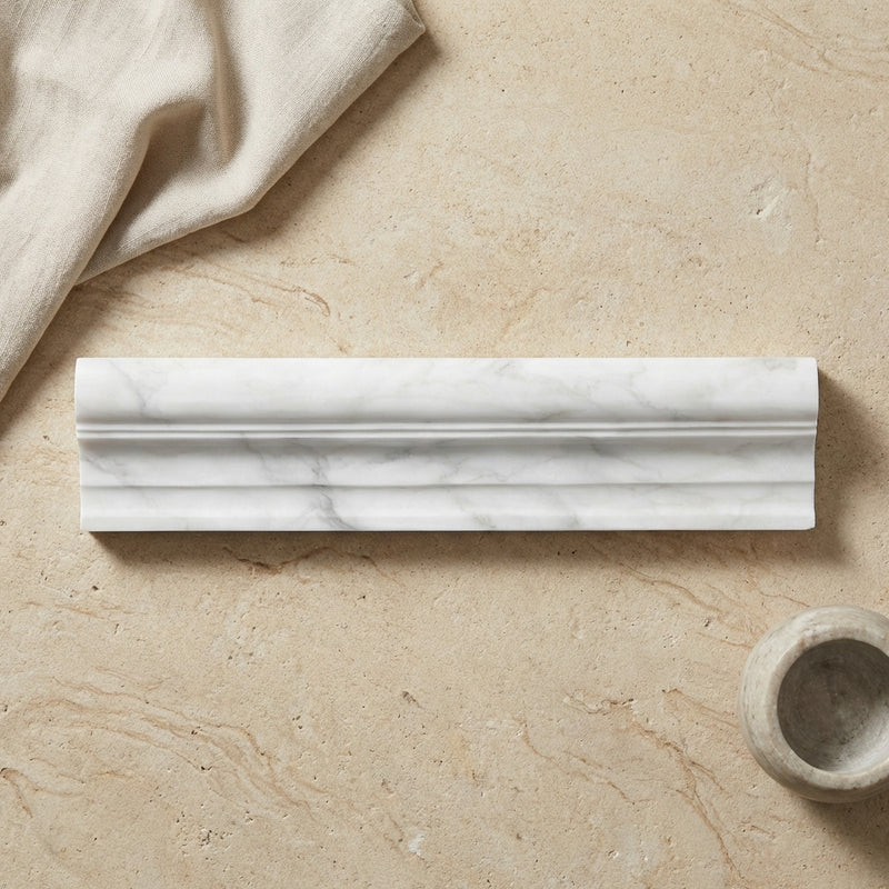 Oriental White (Asian Statuary) Marble 2x12 Polished Tile Crown (Mercer) Molding Crown Molding