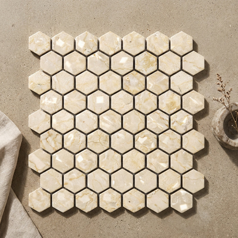 Crema Marfil (Spanish) Marble 1x1 Cream Polished Hexagon Mosaic