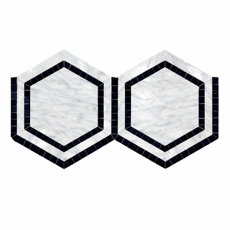 Carrara White (Italian) Marble 5x5 Polished Hexagon Mosaic Hexagon Combination Mosaic (w/ Black)