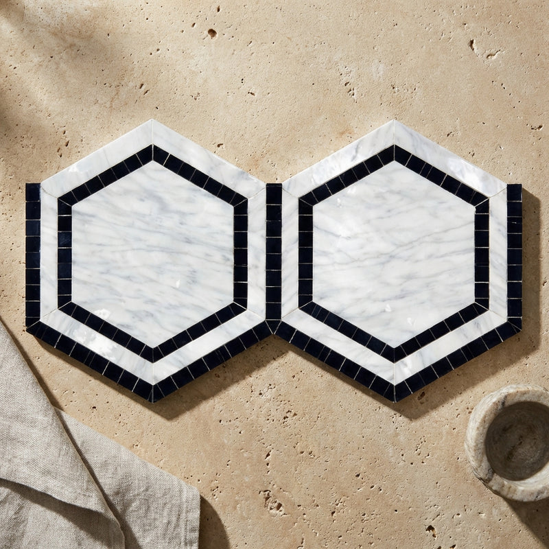 Carrara White (Italian) Marble 5x5 Polished Hexagon Mosaic Hexagon Combination Mosaic (w/ Black)