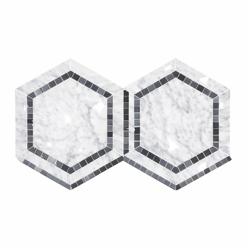 Carrara White (Italian) Marble 5x5 Polished Hexagon Mosaic Hexagon Combination Mosaic (w/ Blue-Gray)