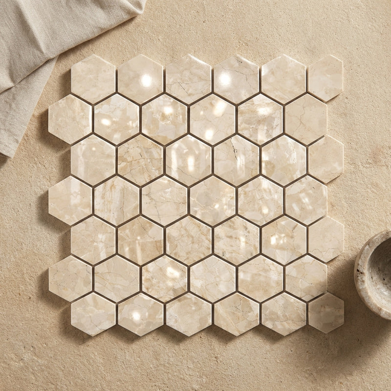Crema Marfil (Spanish) Marble 2x2 Cream Polished Hexagon Mosaic
