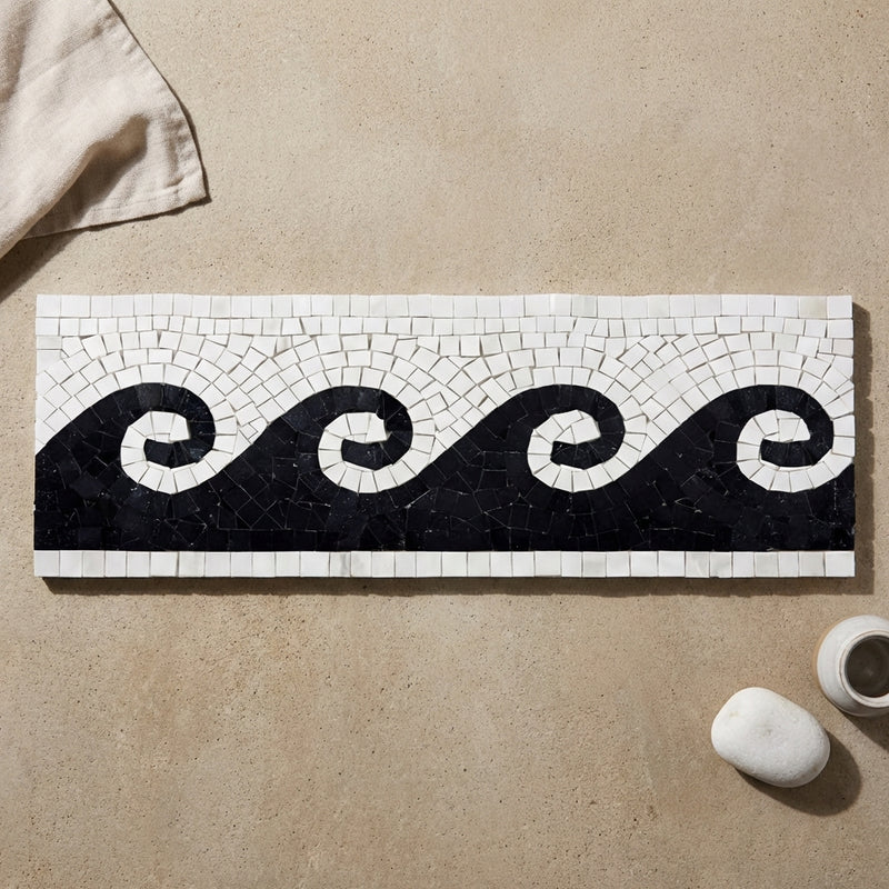 Oriental White (Asian Statuary) Marble 3-7/8x12 Polished Tile Wave Border w/ Black Dots