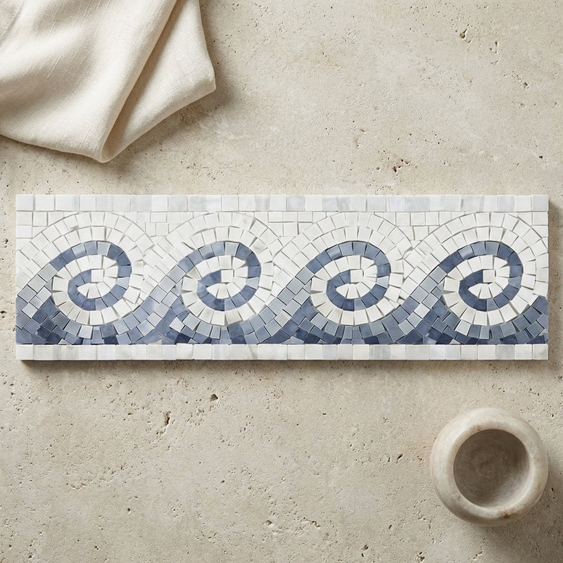 Oriental White (Asian Statuary) Marble 3-7/8x12 Polished Tile Wave Border w/ Blue-Gray Dots