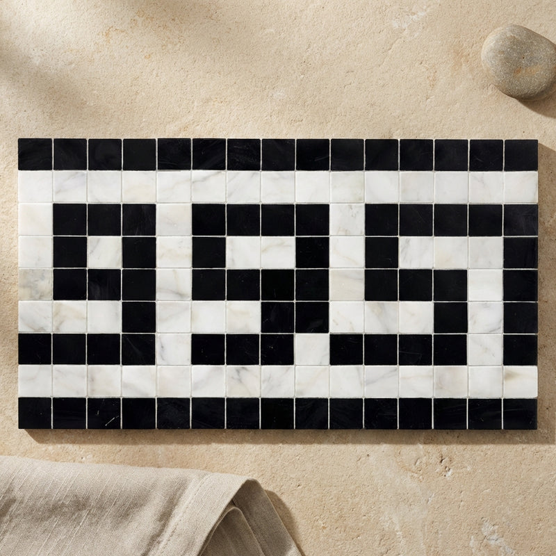 Carrara White (Italian) Marble 3-1/2x7 Polished Tile Greek Key Border (w/ Black)