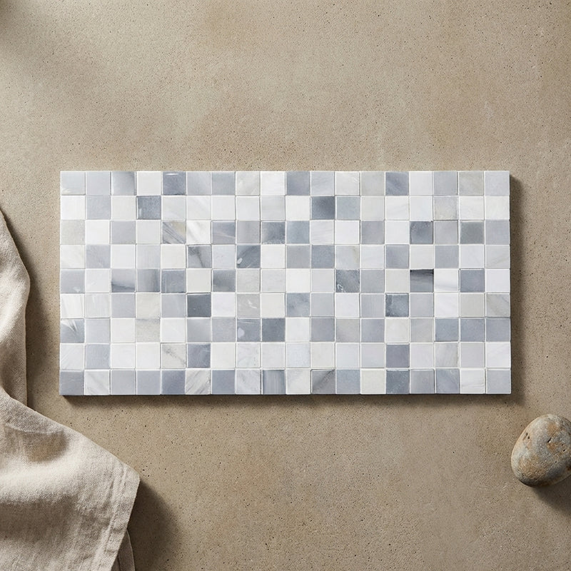 Carrara White (Italian) Marble 3-1/2x7 Polished Tile Greek Key Border (w/ Blue-Gray)