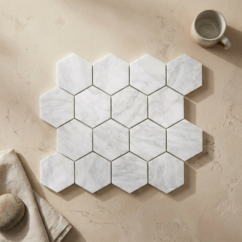 Oriental White (Asian Statuary) Marble 3x3 Polished Hexagon Mosaic