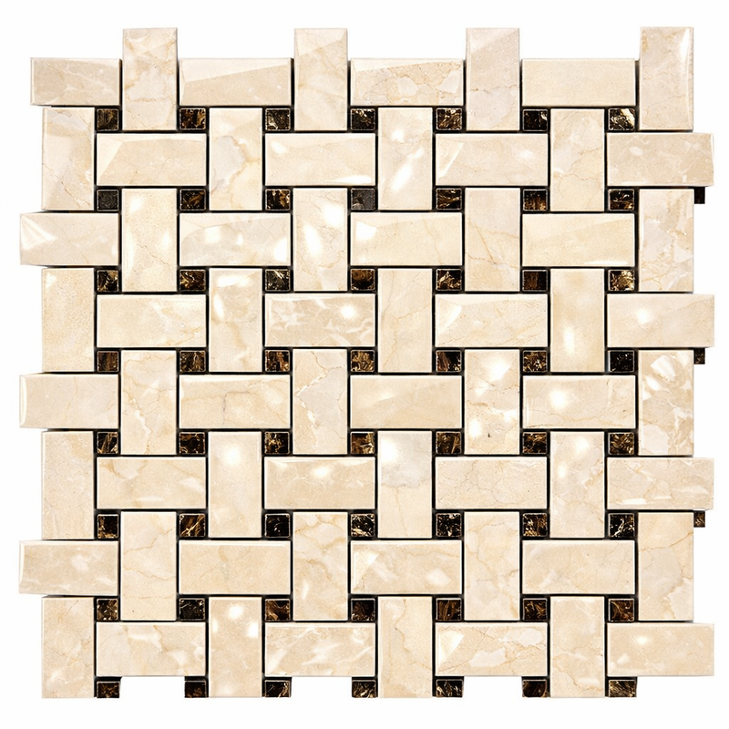 Crema Marfil (Spanish) Marble Cream Polished Basketweave Mosaic w/ Emp. Dark Dots