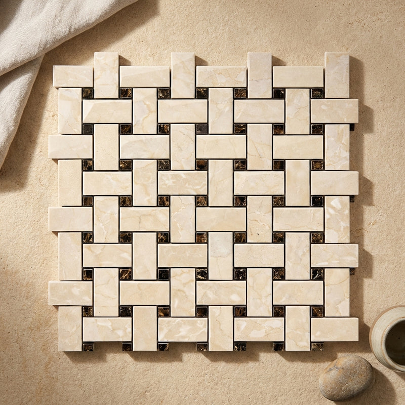 Crema Marfil (Spanish) Marble Cream Polished Basketweave Mosaic w/ Emp. Dark Dots